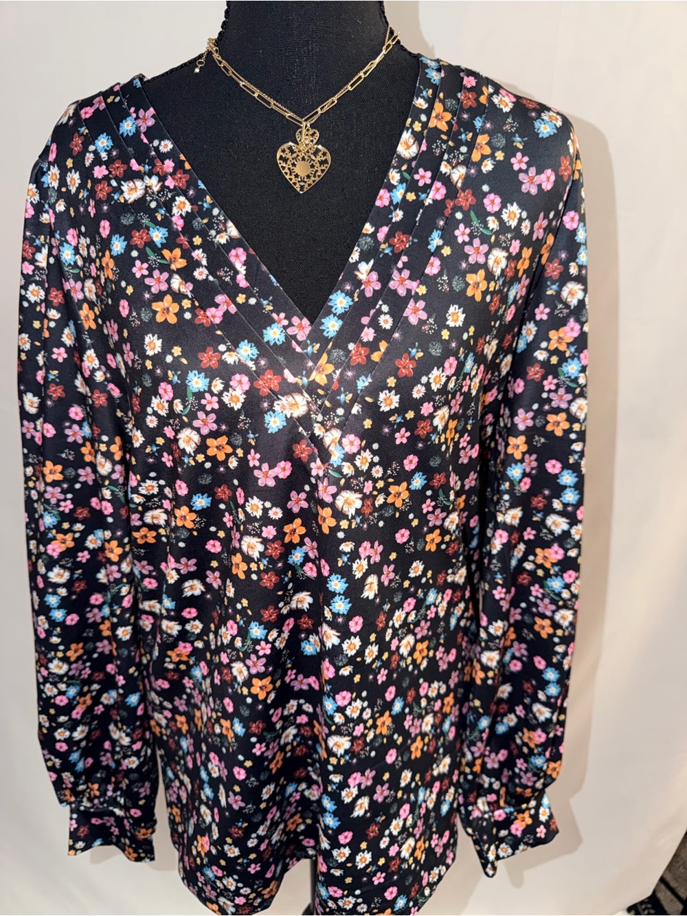 Floral V-Neck Long Sleeve Blouse - Black with Pink, Blue & Orange Flowers Size M